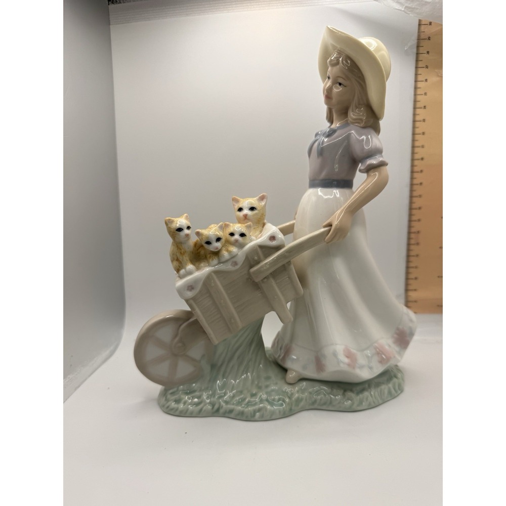 Porcelain Young Woman Girl Wheel Barrel of Kittens Cats 9"H Figurine‎
